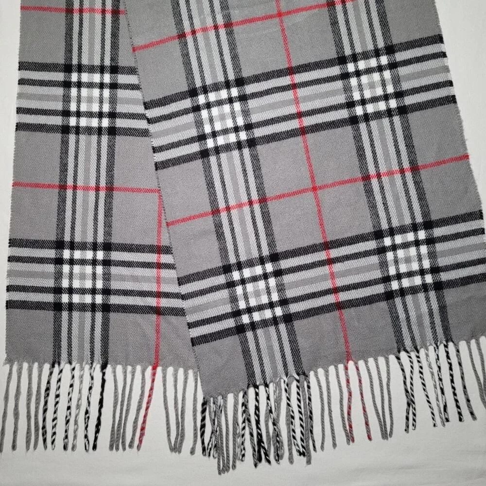 Womens Scarf Cashmere Blend Fringe Italy Design Gray Black Red Plaid - Picture 4 of 6